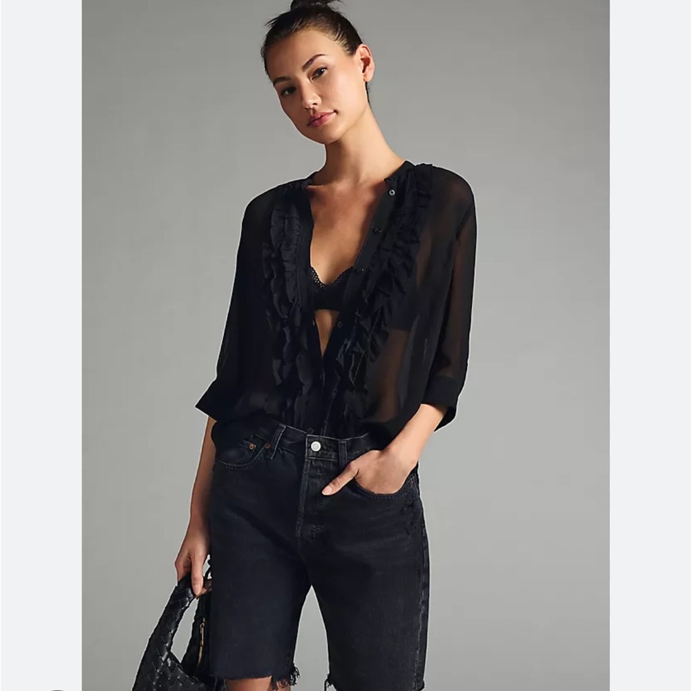 Maeve Black Sheer Ruffle Blouse